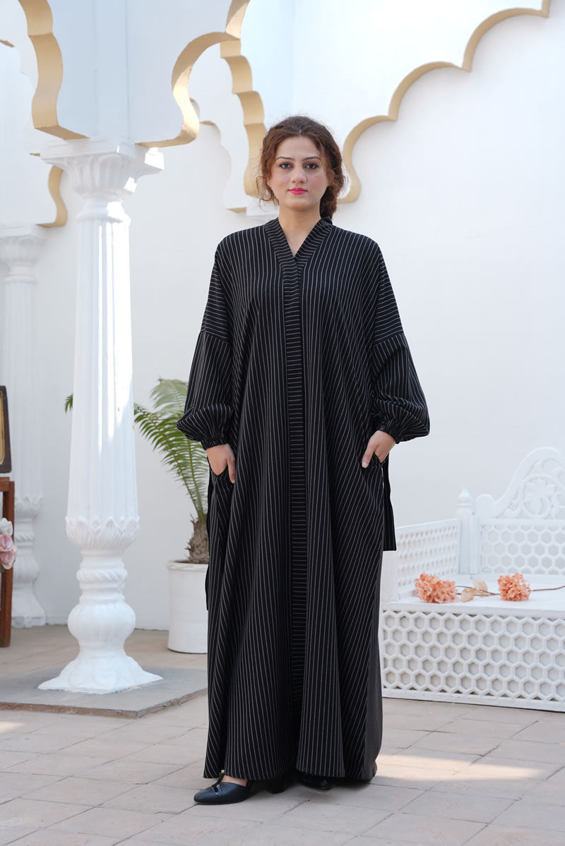Black with White Lines Front Open Abaya with Buttons