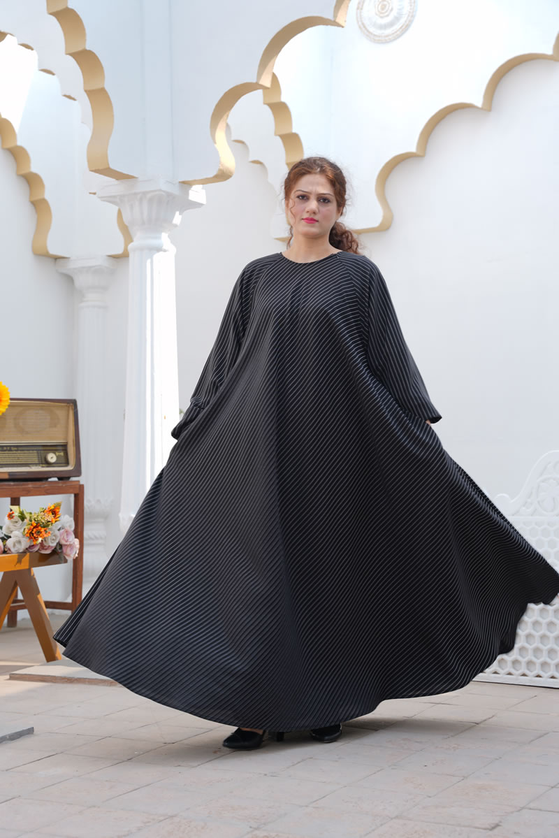 Umbrella Style Full Flare Black with White Lines Abaya