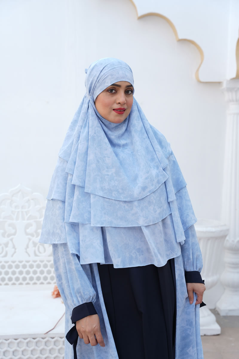 Dark Blue Inner Maxi with Light blue Chiffon Gown and Three Layers Khimar