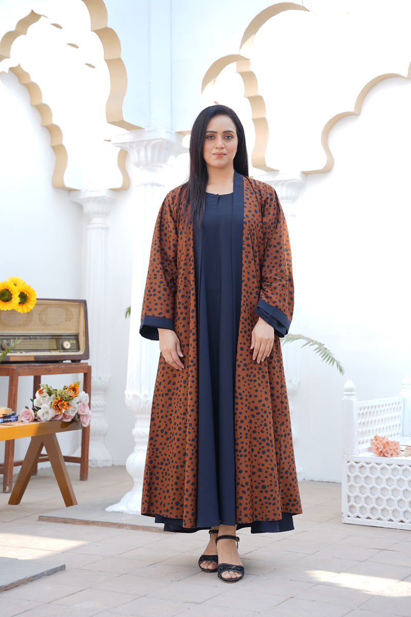 Blue Double Georgette Inner Maxi with Brown Blue Dotted Gown Double Abaya.