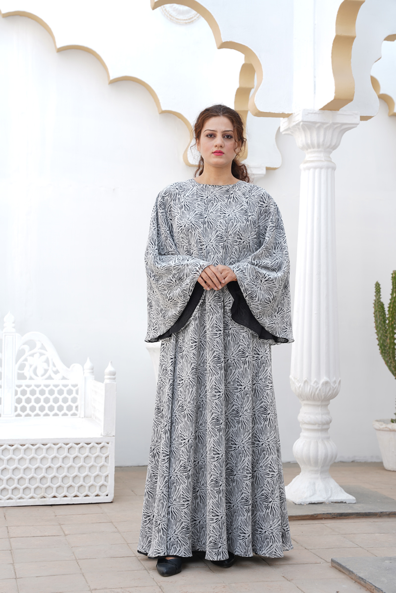 Two Sided Black and White Print Double Chiffon Abaya.