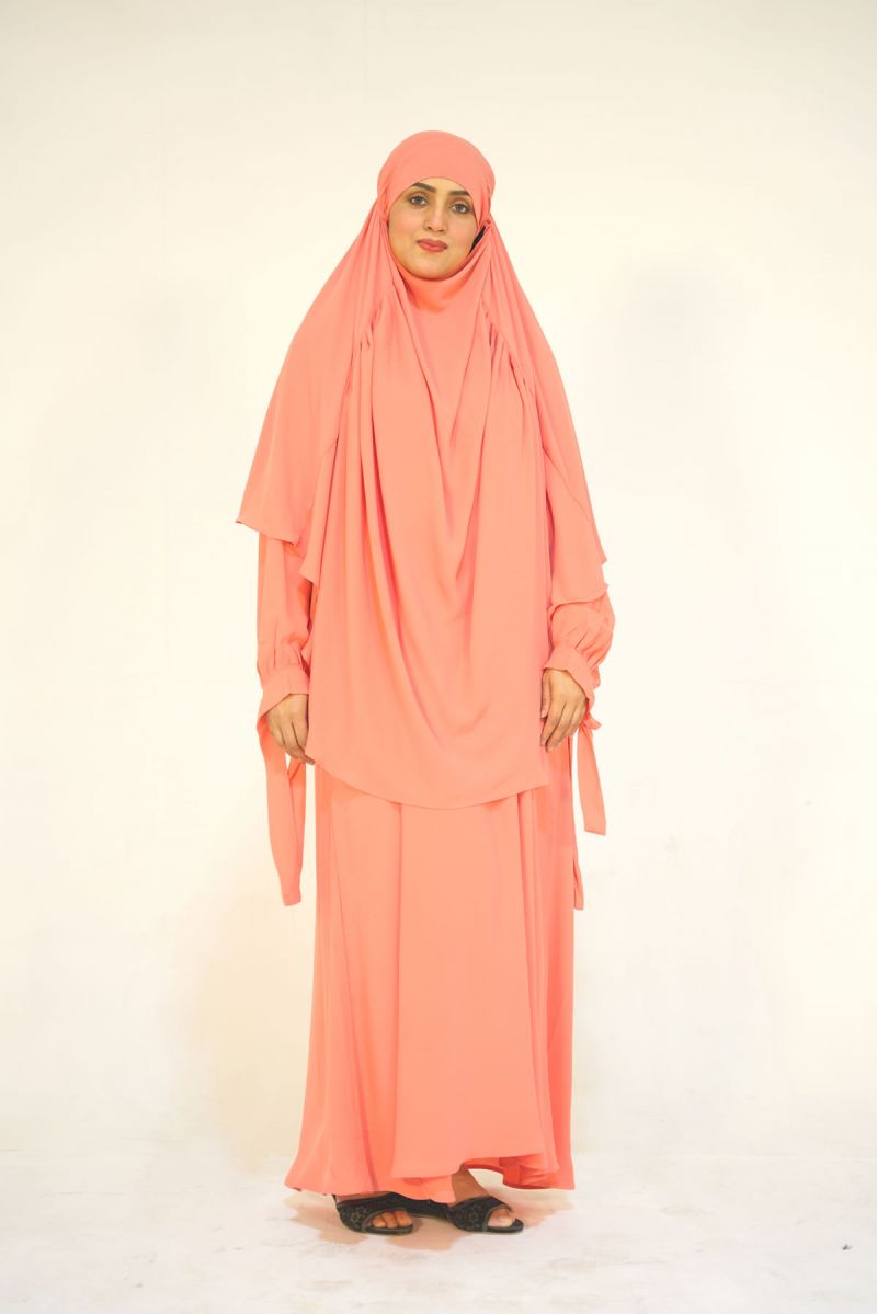 Peachy pink abaya with pleated khimar