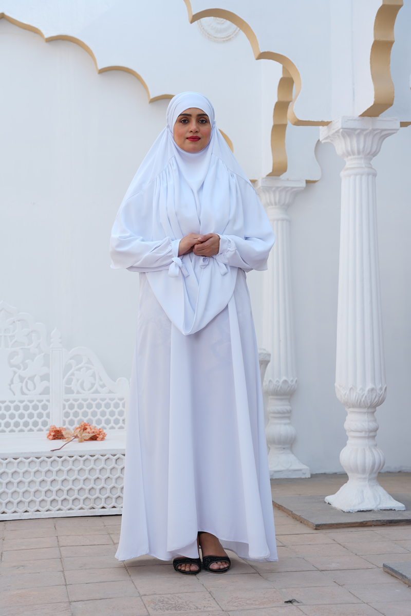 White Abaya with White Pleated Khimar