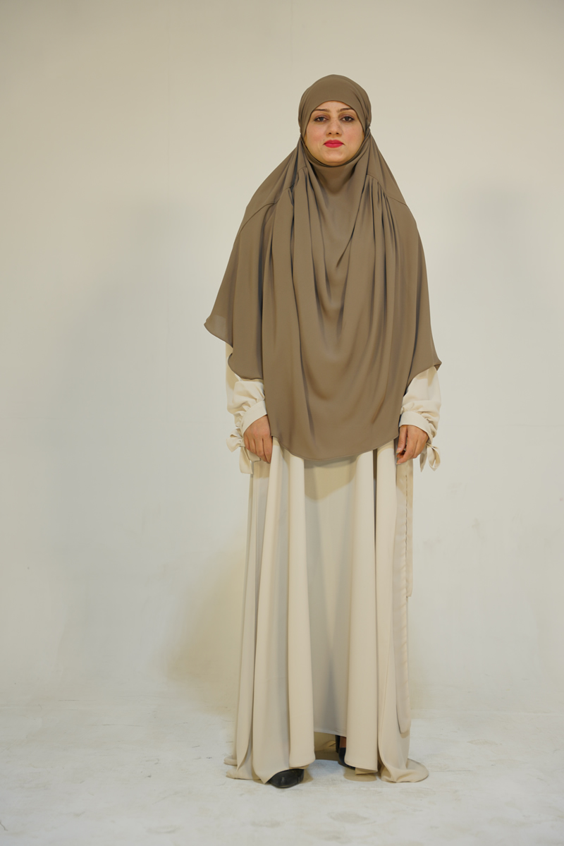 Light Beige Abaya with Dark Beige Pleated Khimar